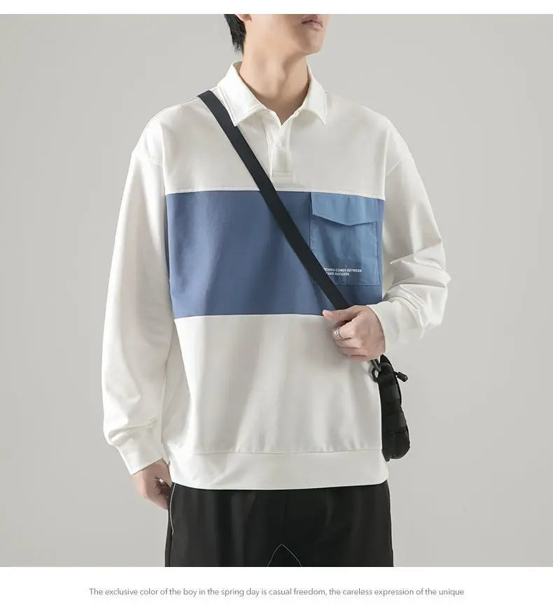New polo shirt men's contrast color lapel spliced long sleeve t-shirt japanese large size loose sweatshirt bottoming shirt tops Street King Limited