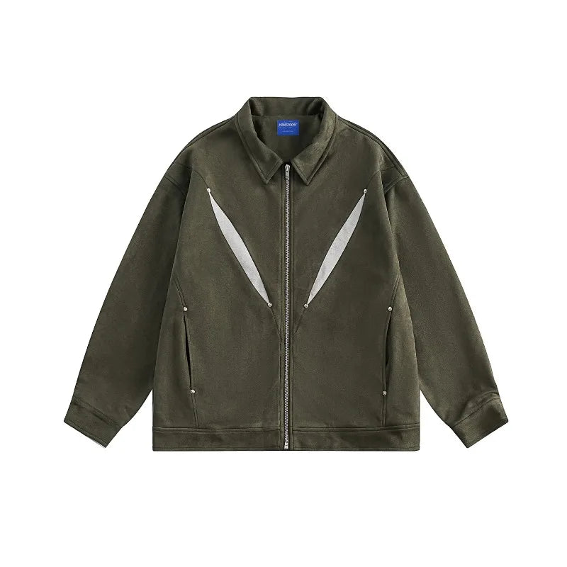 army green faux suede heavyweight jackets american street vintage outdoor jacket zipper lapel casual coats for men minimalist street pants