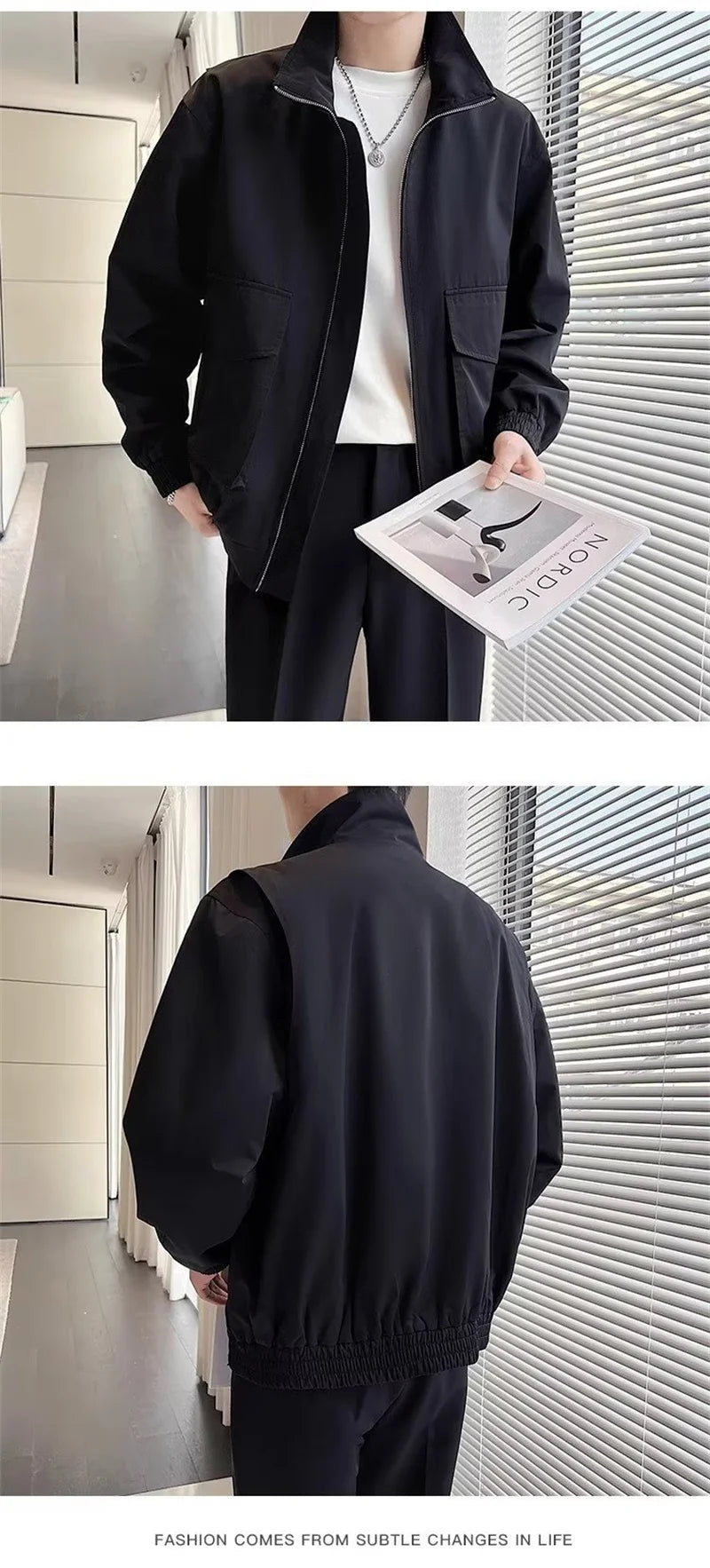 autumn solid color cargo jackets for men new korean fashion zipper cardigan coats stand collar streetwear bomber jacket hombre unique cargo style 1659