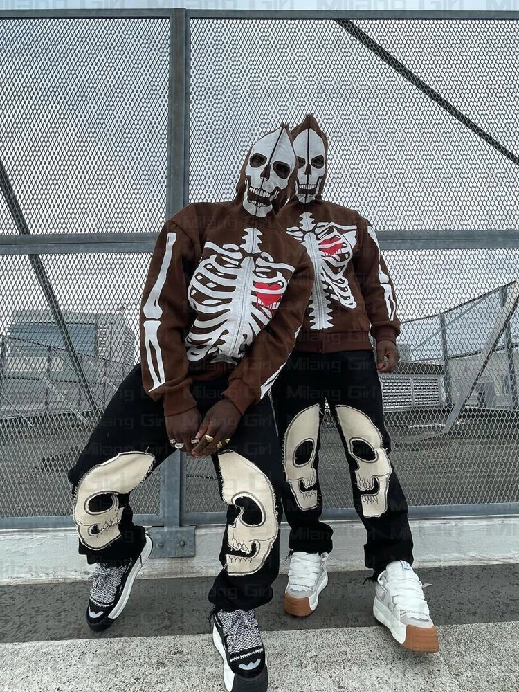 Men Gothic Skeleton Graphic Hoodies zip up Harajuku Punk Fashion clothing Sweatshirt Zipper Oversized Streetwear Style Jacket Street King Limited