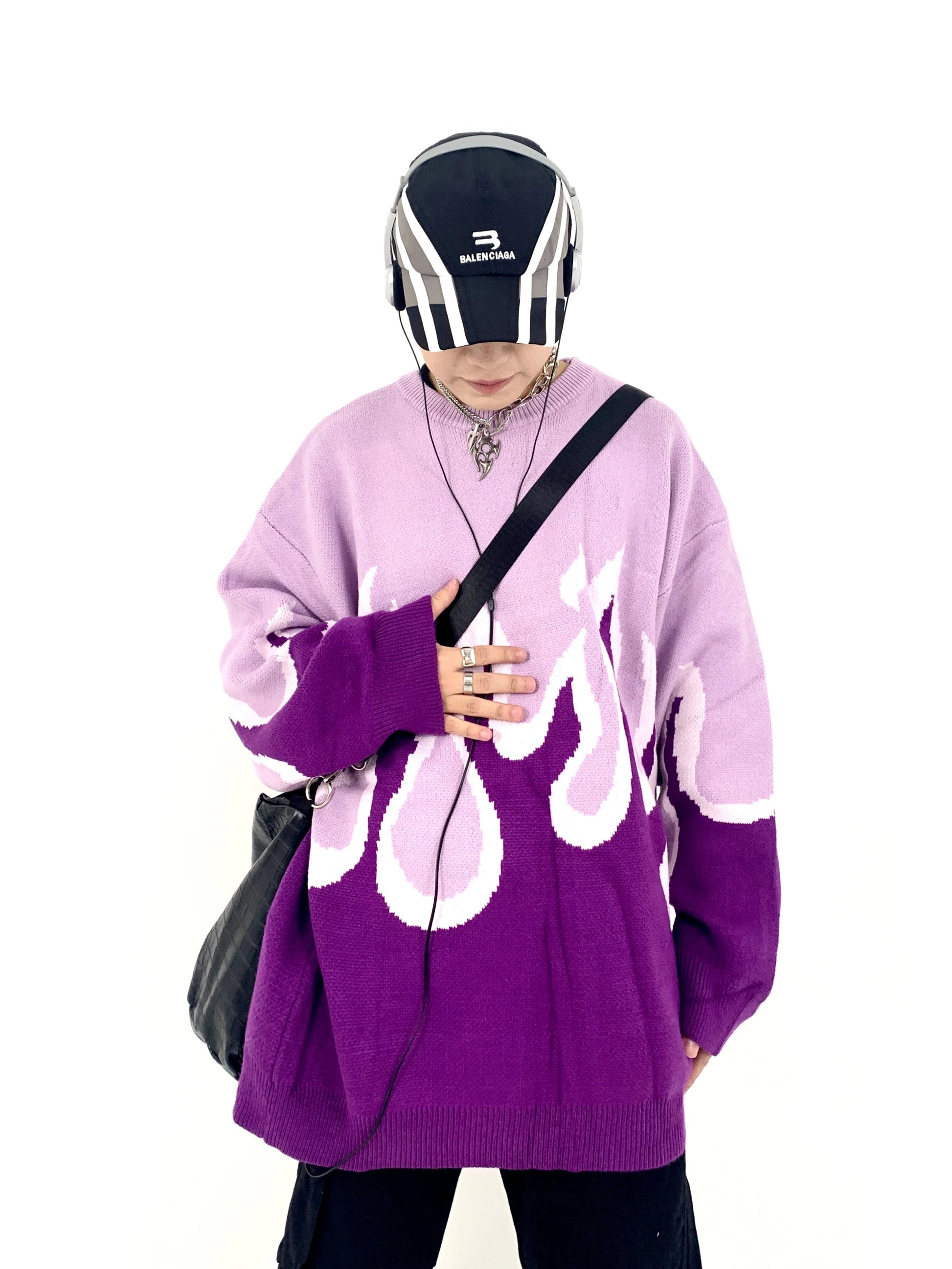 Hip Hop Fire Knitted Oversized Sweater Men Autumn Winter O-neck Long Sleeve Pullover Streetwear New Loose Tops Sweaters Clothing Street King Limited