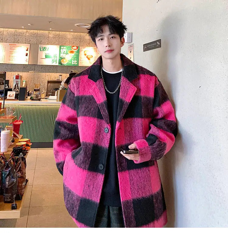 plaid woolen trenchcoat men autumn winter fashion retro streetwear suit collar loose casual trendy trench coat outerwear unique default style 1192