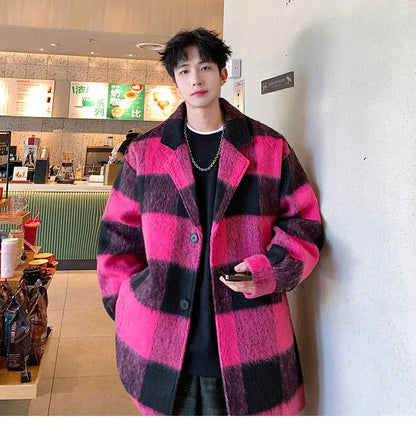 plaid woolen trenchcoat men autumn winter fashion retro streetwear suit collar loose casual trendy trench coat outerwear unique default style 1192