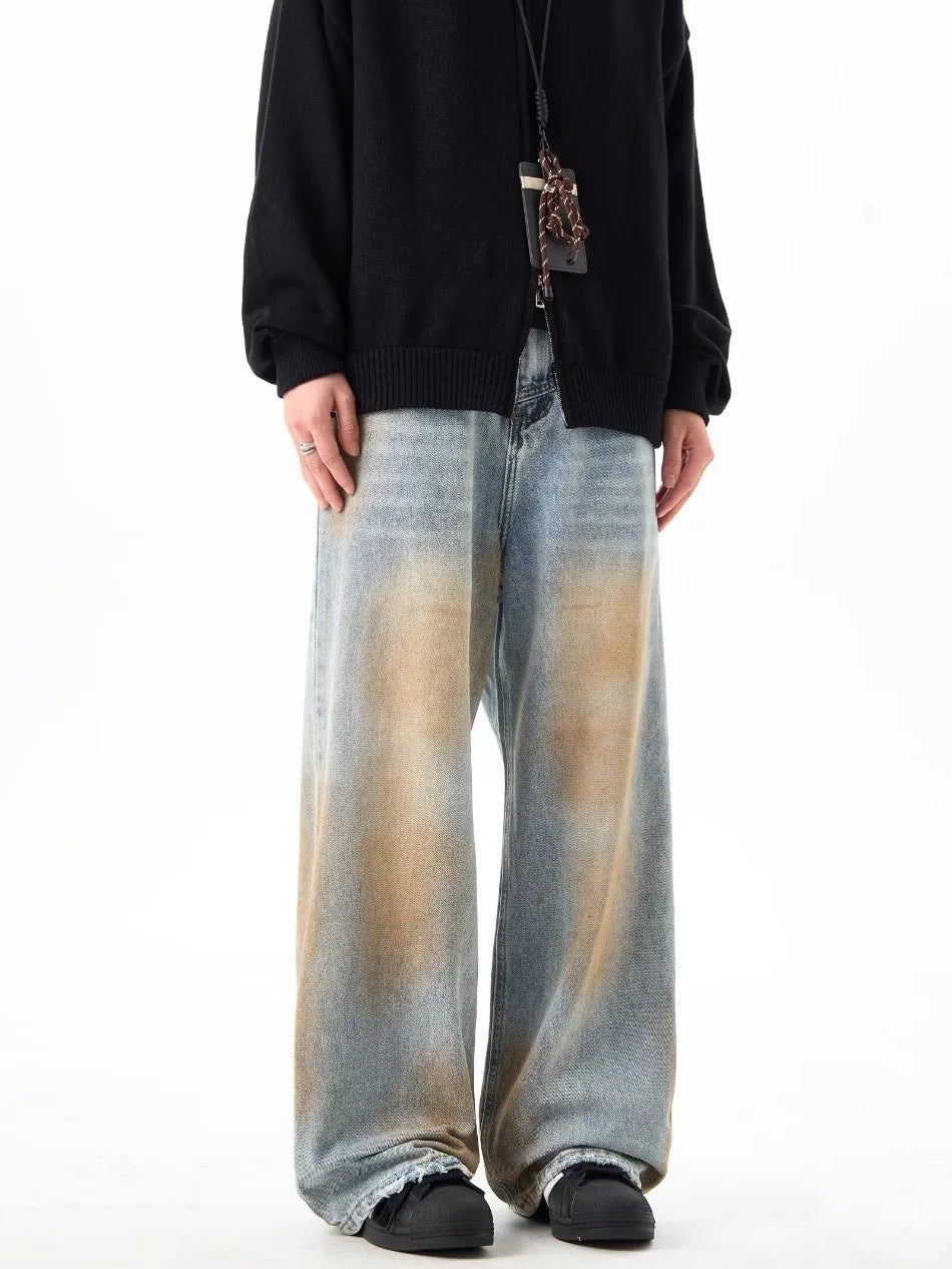 2024 High Street Washed Mens Jeans Gradient Color Blocking Hip Hop Blue Cowboy Pants Loose Straight Leg Denim Trousers Trend Street King Limited