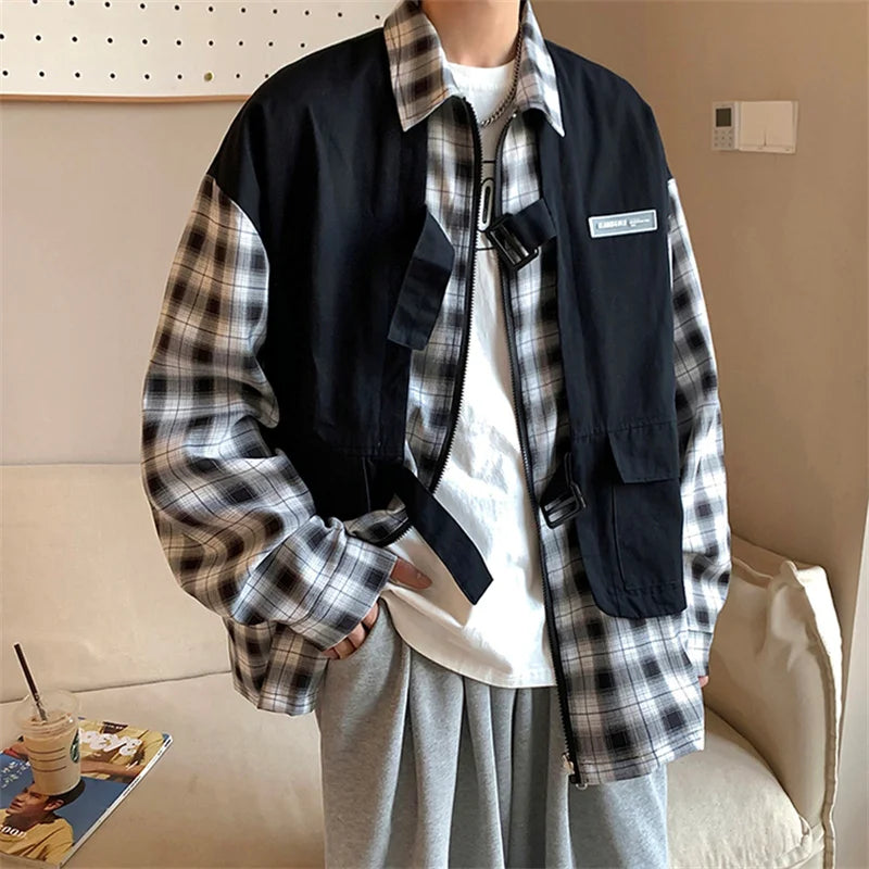 Streetwear New Fake Two Piece Zip Plaid Cargo Shirts Mens Japanese Streetwear Fas 2024 New Fake Two Piece Zip Plaid Cargo Shirts Mens Japanese Streetwear Fashion Social Shirt Autumn Long Sleeve Baggy Y2K Shirt Fashion Sweater Jacket With Graphic Design For Men