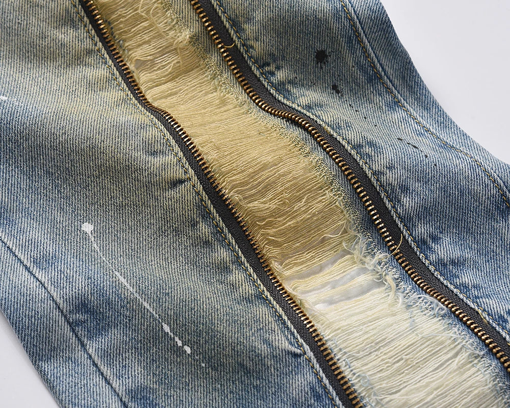 front zipper hole distressed washed vintage mens jeans pants harajuku y2k straight ink painted baggy denim trousers oversized unique jeans style 1975