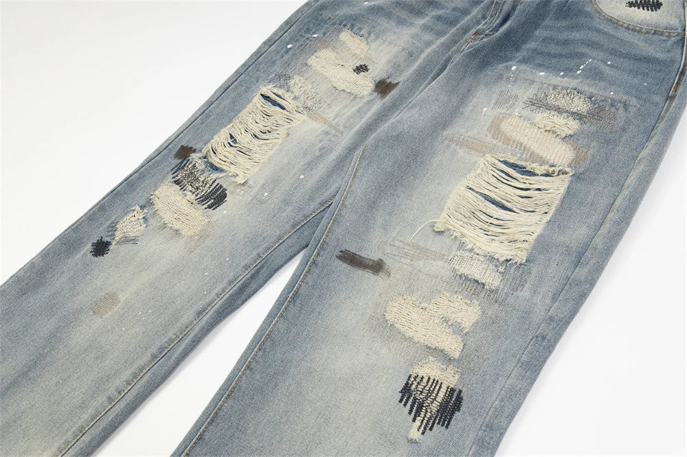 mens fashion ripped jeans blue straight baggy jeans trousers luxury loose casual distressed denim pants male 1 unique jeans style 4449