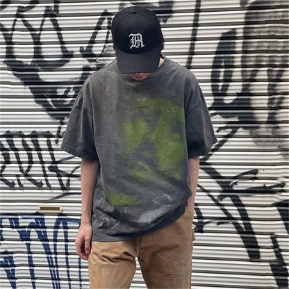 24ss Summer Retro Vintage Portrait Quality Printing High-Street Distressed T-Shirt Tops Street King Limited