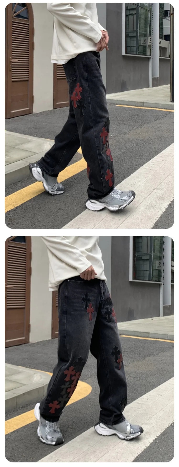 men embroidery streetwear brand fashion hip hop loose casual straight motorcycle denim jeans pant cityboy y2k jeans trousers unique jeans style 2363