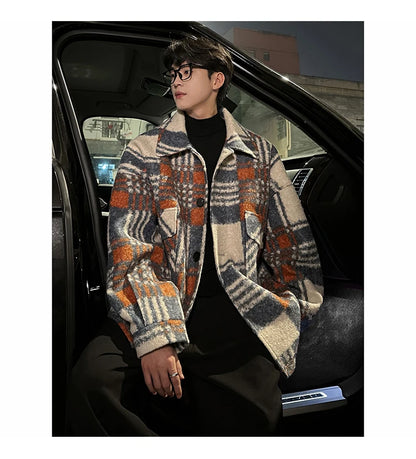 autumn winter campus boy plaid woolen coat men streetwear fashion loose casual retro thick jacket man bomber coat outerwear unique default style 945