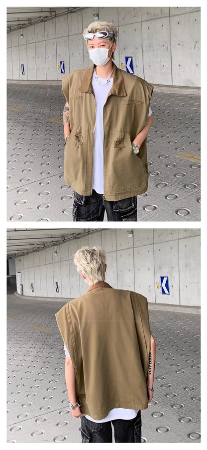 autumn mens zipper sleeveless denim jackets outwear streetwear khaki cargo vest coats 2024 new hip hop fashion working clothes unique cargo style 7