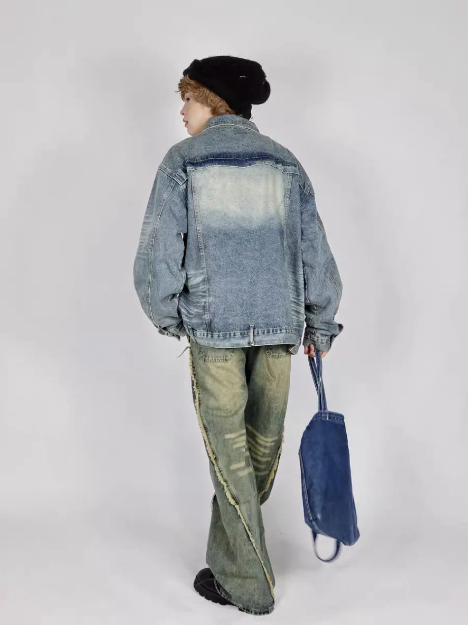 high street washed denim jacket mens 2024 spring trend oversize hip hop male coats color blocking motorcycle street outwear y2k unique jeans style 3626