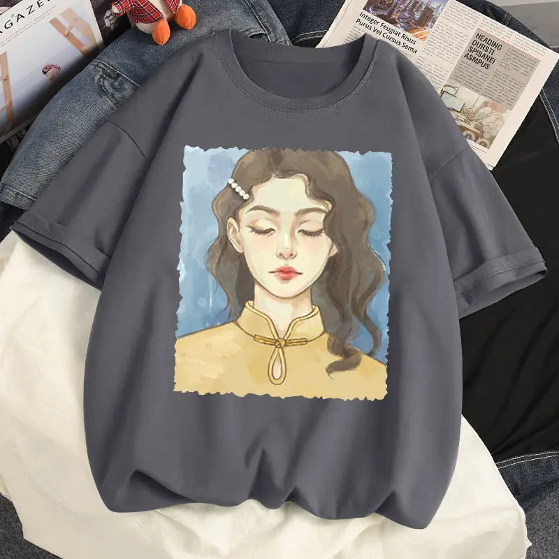 Pure cotton short-sleeved large size versatile T-shirt women's loose new student top trendy women clothing y2k tops emo clothes Street King Limited