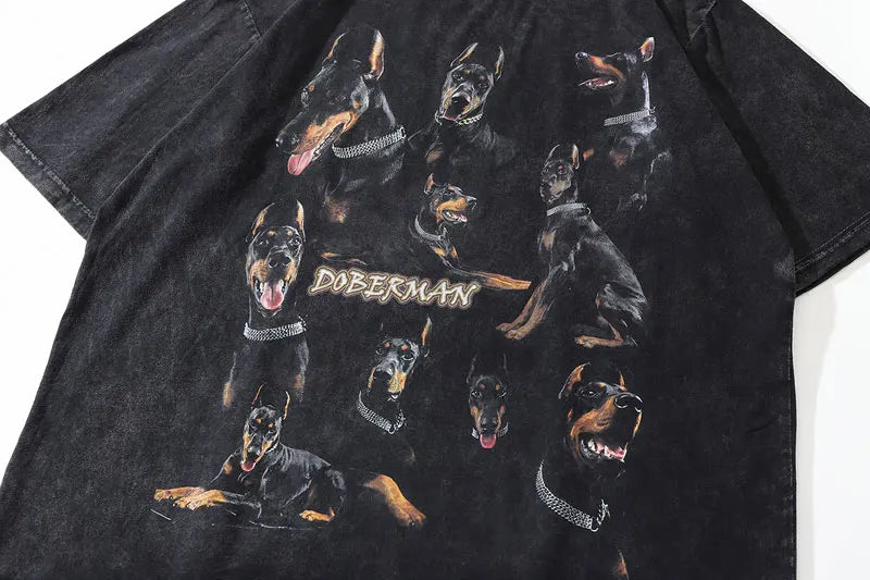 Oversize Distressed T Shirts Hip Hop Vintage Doberman Dog Print Punk Rock Gothic Tshirt Streetwear 2023 Harajuku Casual T-Shirt Street King Limited