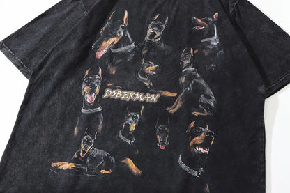Oversize Distressed T Shirts Hip Hop Vintage Doberman Dog Print Punk Rock Gothic Tshirt Streetwear 2023 Harajuku Casual T-Shirt Street King Limited