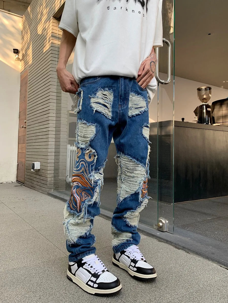 fashion embroidery destroyed ripped tassel holes denim jean pants mens casual loose straight jeans hip hop streetwear joggers unique joggers style 3336