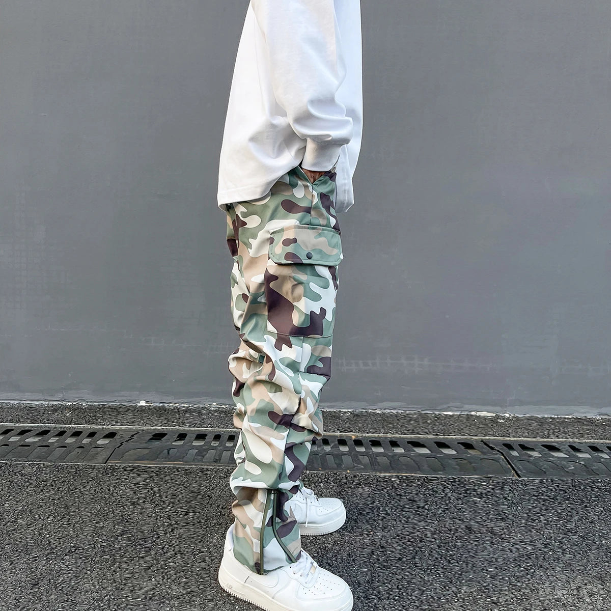 Street Wear Functional Camouflage Cargo Trousers Men Waterproof Pockets Pleated Zip Up Tapered Pants Nylon Belt Men's Clothes Street King Limited