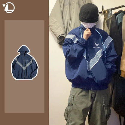 american cargo jacket mens college flight training quick drying color block bomber coat couple high street motorcycle outwear combat utility trousers