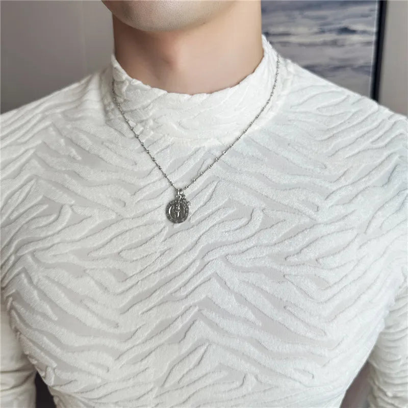 Semi-turtleneck Stretch Slim Fit T Shirt Men Long Sleeve Thicken Velvet Tiger-pattern Bottom T-shirt Business Casual Tshirt Street King Limited