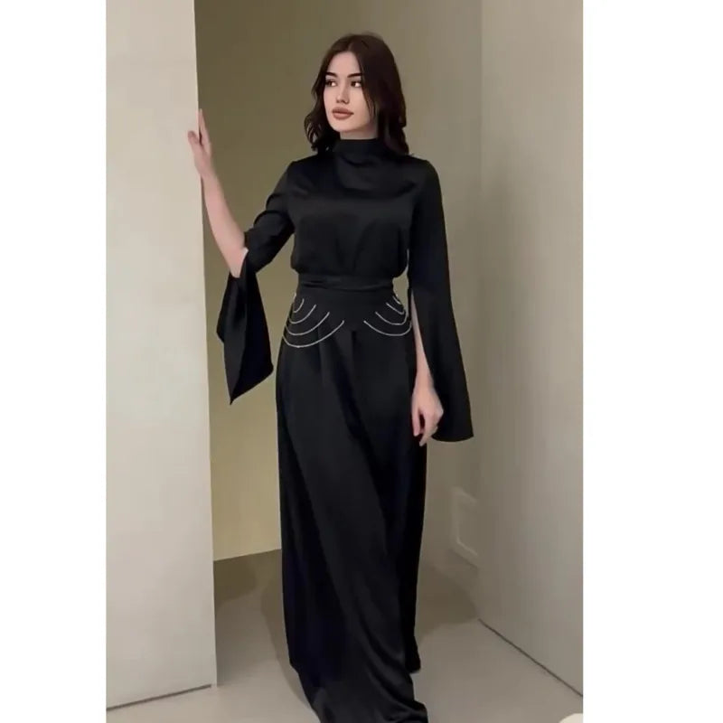 Elegant Lady Long Satin Dress Half High Collar Flare Sleeves Party Bodycon Dress Streetwear Solid Slim Evening Dresses For Women Street King Limited