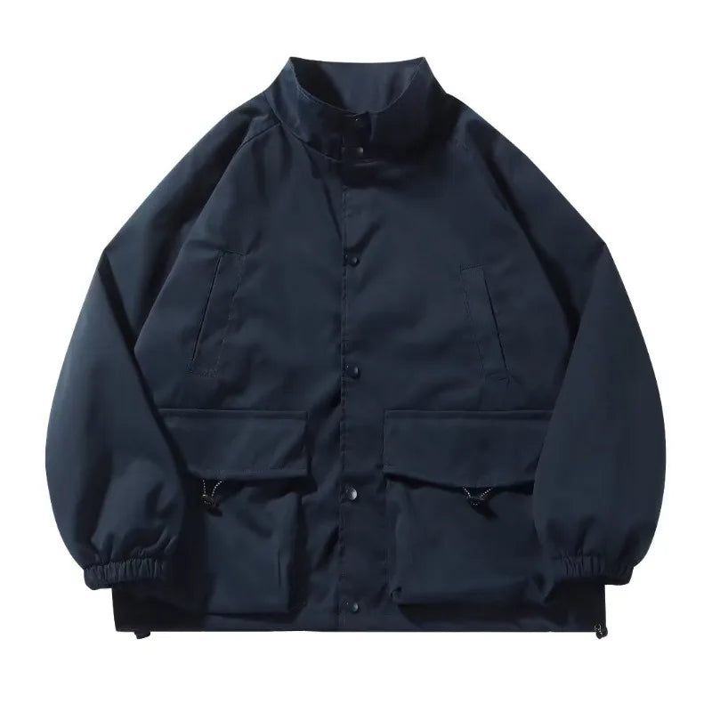 japanese spring jacket mens single breasted stand collar harajuku unisex coats solid big pocket drawstring casual men outwear unique default style 1891