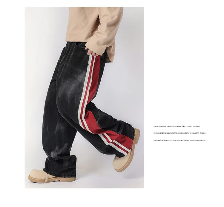 men streetwear fashion side splice hip hop loose casual wide leg straight baggy jeans pant cityboy jeans pants trousers unique jeans style 2510