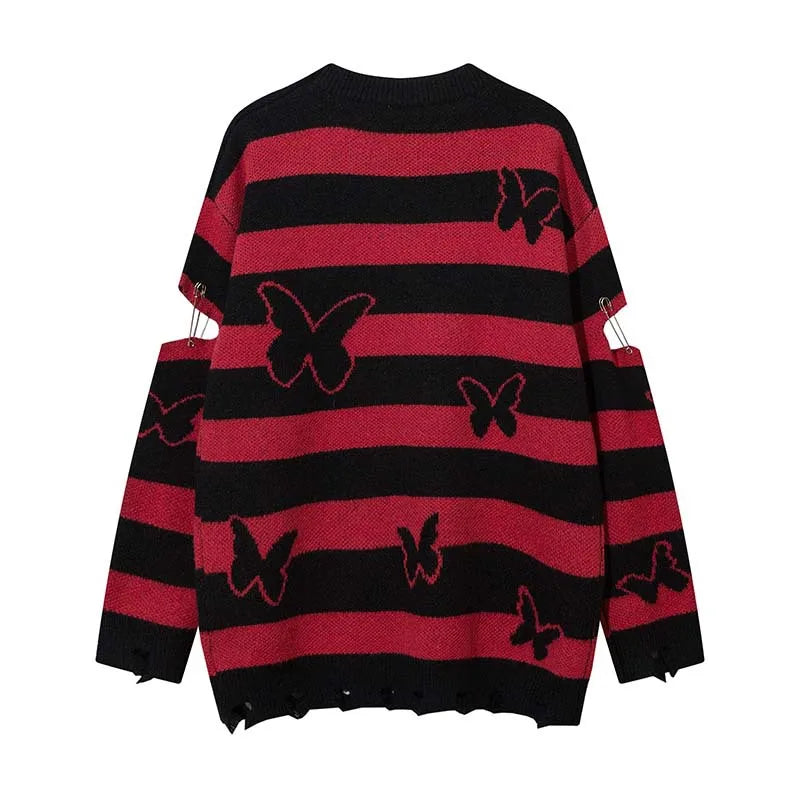 2023 Hip Hop Striped Knitted Sweater Streetwear Butterfly Graphic Distressed Ripped Pullover Men Harajuku Casual Knitwear Unisex Street King Limited