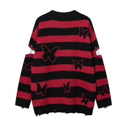 2023 Hip Hop Striped Knitted Sweater Streetwear Butterfly Graphic Distressed Ripped Pullover Men Harajuku Casual Knitwear Unisex Street King Limited