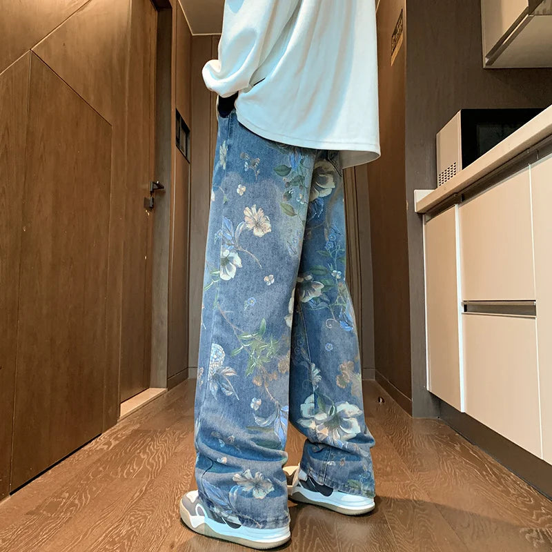 american high street floral printed jeans for men 2024 new y2k vintage denim trousers hip hop fashion wide leg baggy jean pants urban skinny jeans