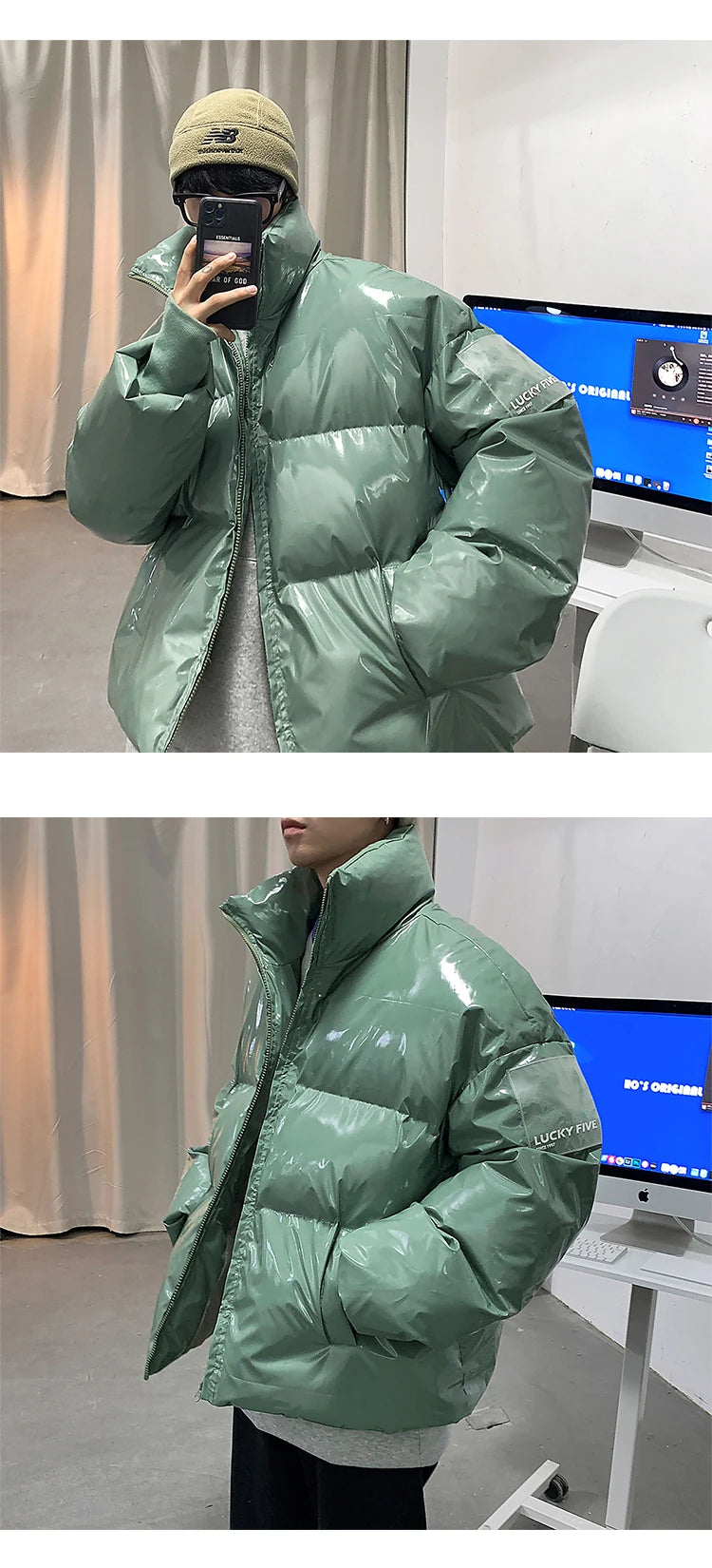 Winter Jacket Men Parkas Thicken Warm Coat Stand Collar Oversize Parkas Bright Leather Fabric Jacket Korean Style Padded Coat Street King Limited