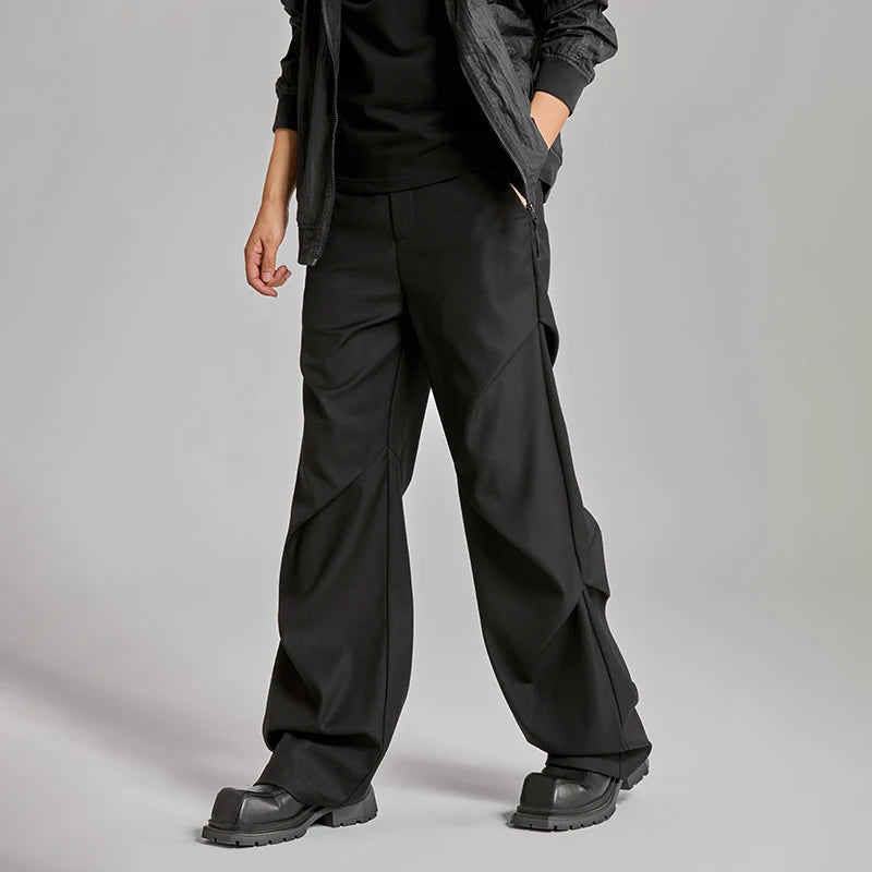 extended length edition wrinkle fashion men streetwear fashion hip hop vibe loose casual straight black suit pant trousers clean everyday pants