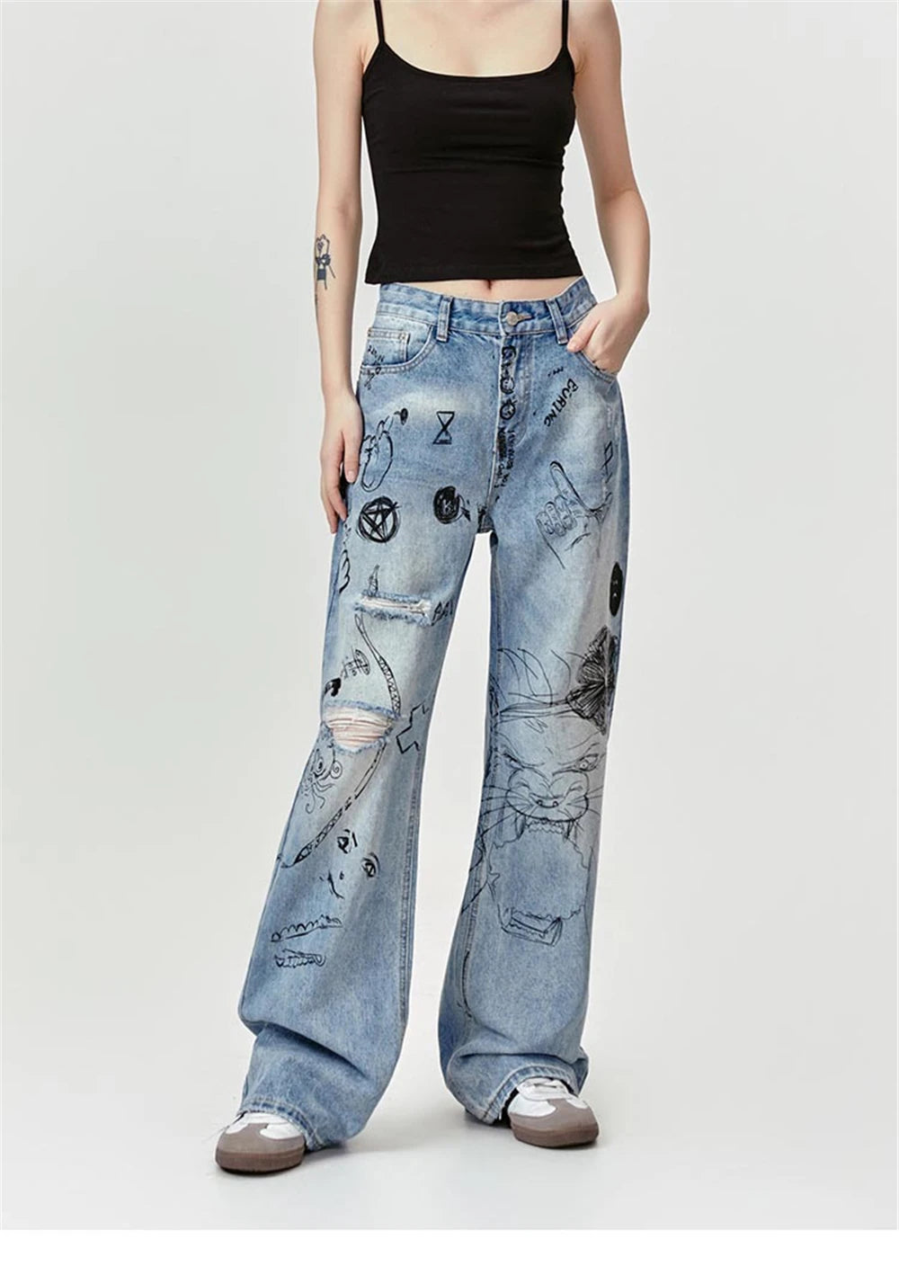 men baggy ripped jeans graffiti printed straight denim pants distressed jeans male streetwear hip hop jeans trousers y2k unique jeans style 5506