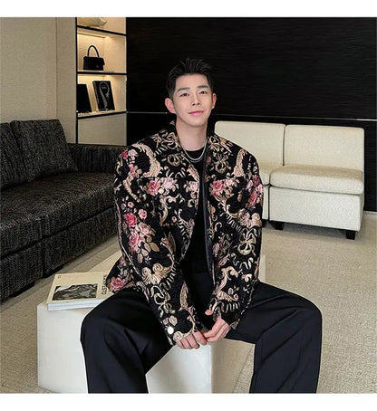 men palace style retro jacquard flower fashion show loose jacket man party dress vintage coat costumes spring autumn clothes unique default style 1244