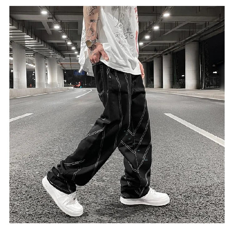fashion design lines denim jeans mens zipper loose straight trousers hip hop new casual streetwear pants joggers baggy jeans unique joggers style 431