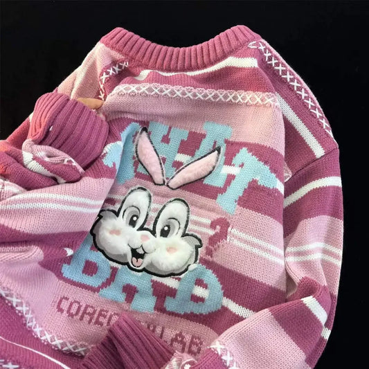 Sweet cool bunny striped knitted sweater for women in autumn and winter loose outer wear lazy style soft and waxy milk kawaii Street King Limited