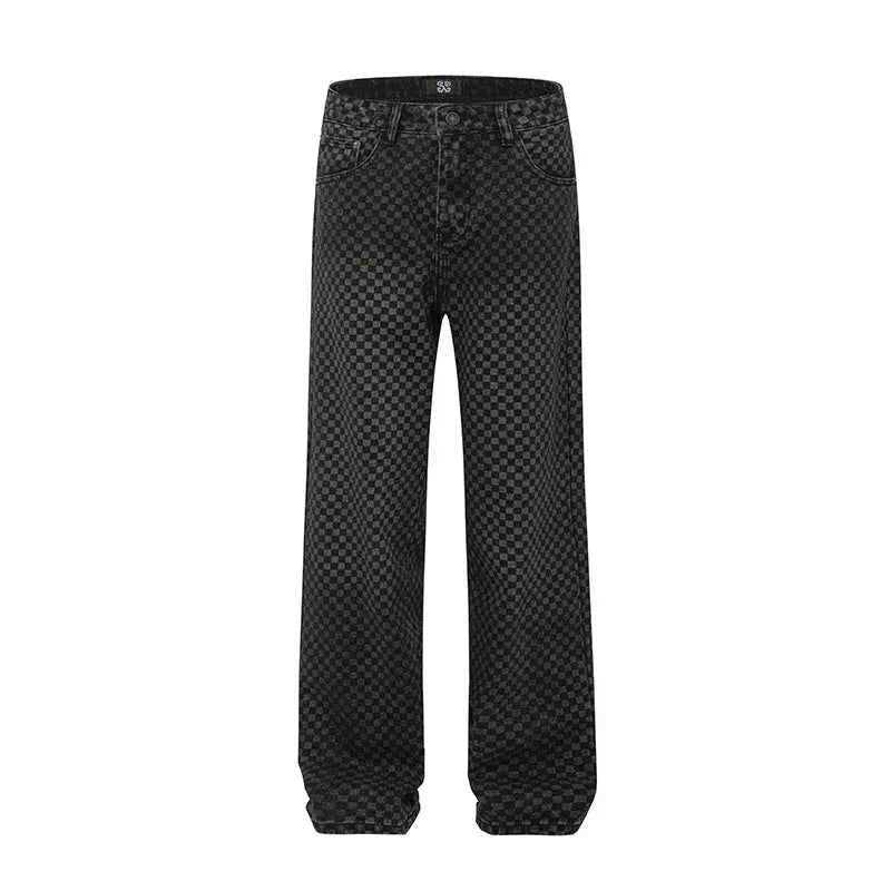 men streetwear fashion hip hop loose casual print black plaid denim pant jeans man vibe straight cowboy baggy jeans trousers unique jeans style 1457