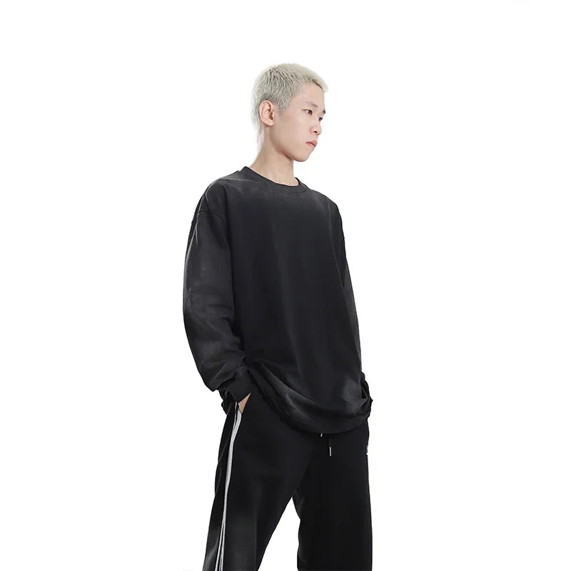Men's Streetwear Hole Washed Cotton Long Sleeve Loose Casual T Shirt Tiki Y2k Clothes Oversized T-shirt for Men Tops Tshirt Street King Limited