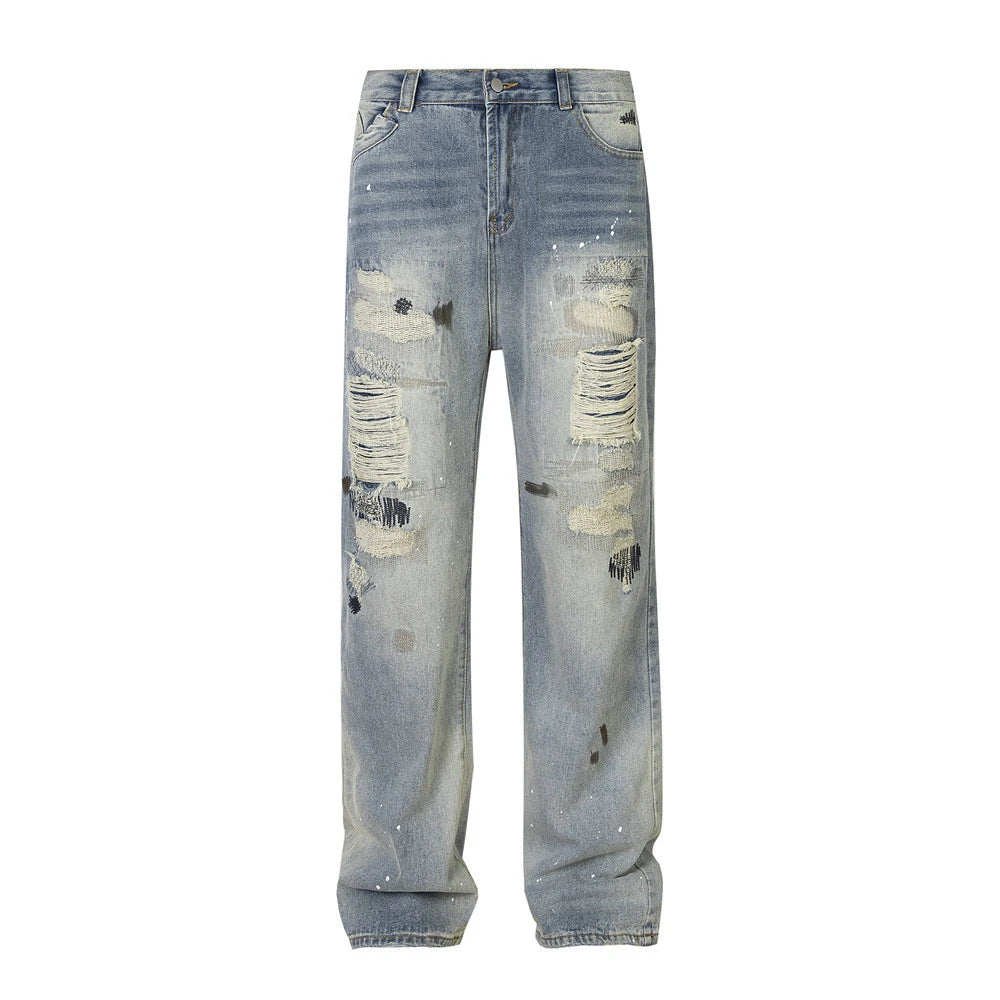 mens fashion ripped jeans blue straight baggy jeans trousers luxury loose casual distressed denim pants male 1 unique jeans style 4441