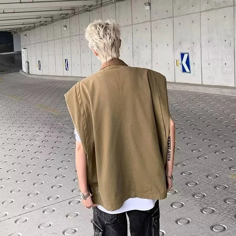 autumn mens zipper sleeveless denim jackets outwear streetwear khaki cargo vest coats 2024 new hip hop fashion working clothes unique cargo style 5