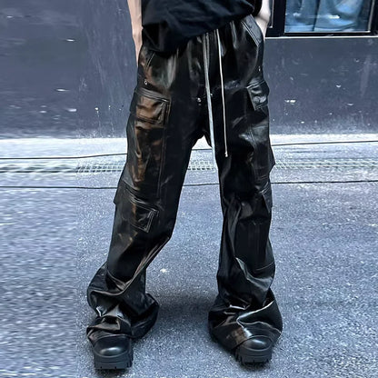 ro style matte pu leather pants for men high street y2k pantalones hombre baggy overall wide leg drawstring cargo pants unique cargo style 5464