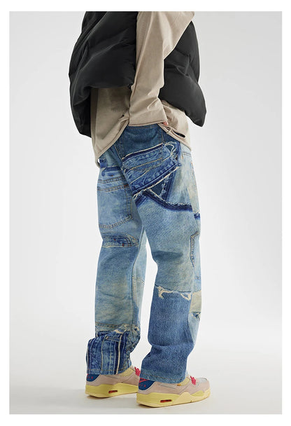 fashion fake patchwork printed denim jeans mens new casual zipper straight loose jeans streetwear hip hop baggy pants joggers unique joggers style 1413