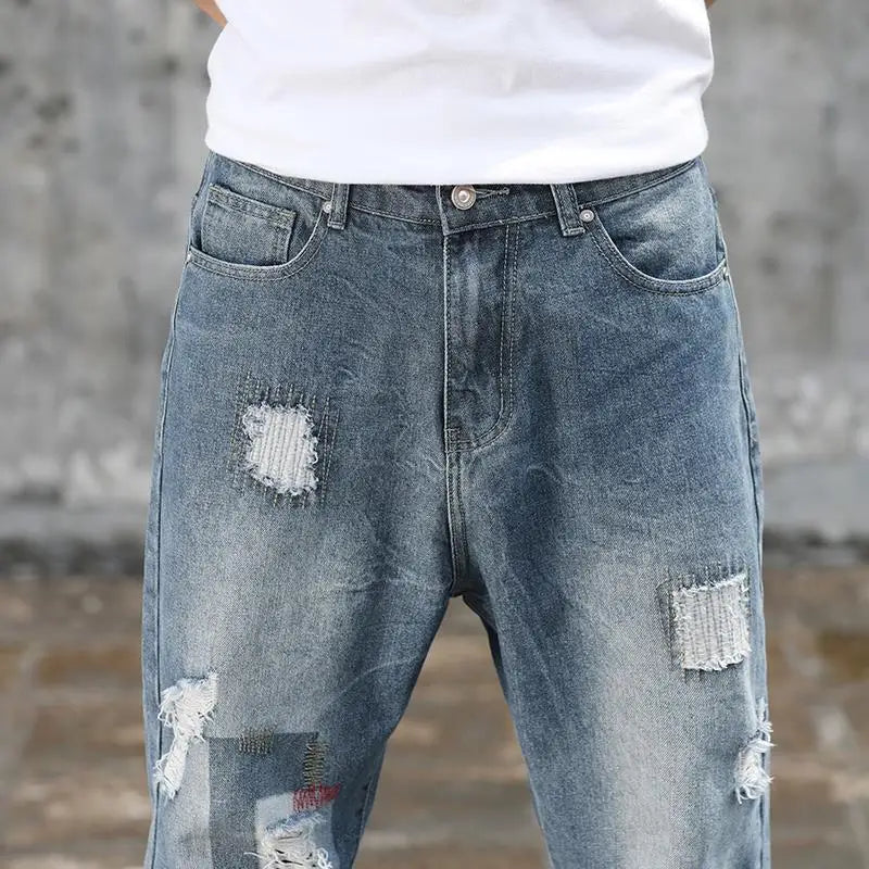 Men's Jeans with Holes Man Cowboy Pants Cropped Harem Hip Hop Trousers 2024 Korean Style Torn Ripped Broken Retro Classic pants Street King Limited