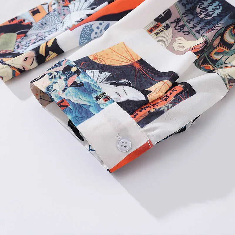 Japanese Retro Ukiyo-e Painting Graphic Printed Long Sleeve Shirts for Men Autumn Fashion Oversized Lapel Single Breasted Shirt Street King Limited