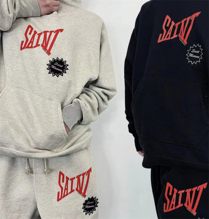 24ss sm brand fashion letter print high street wear cotton casual loose sweater hoodies pants set menswear bottoms