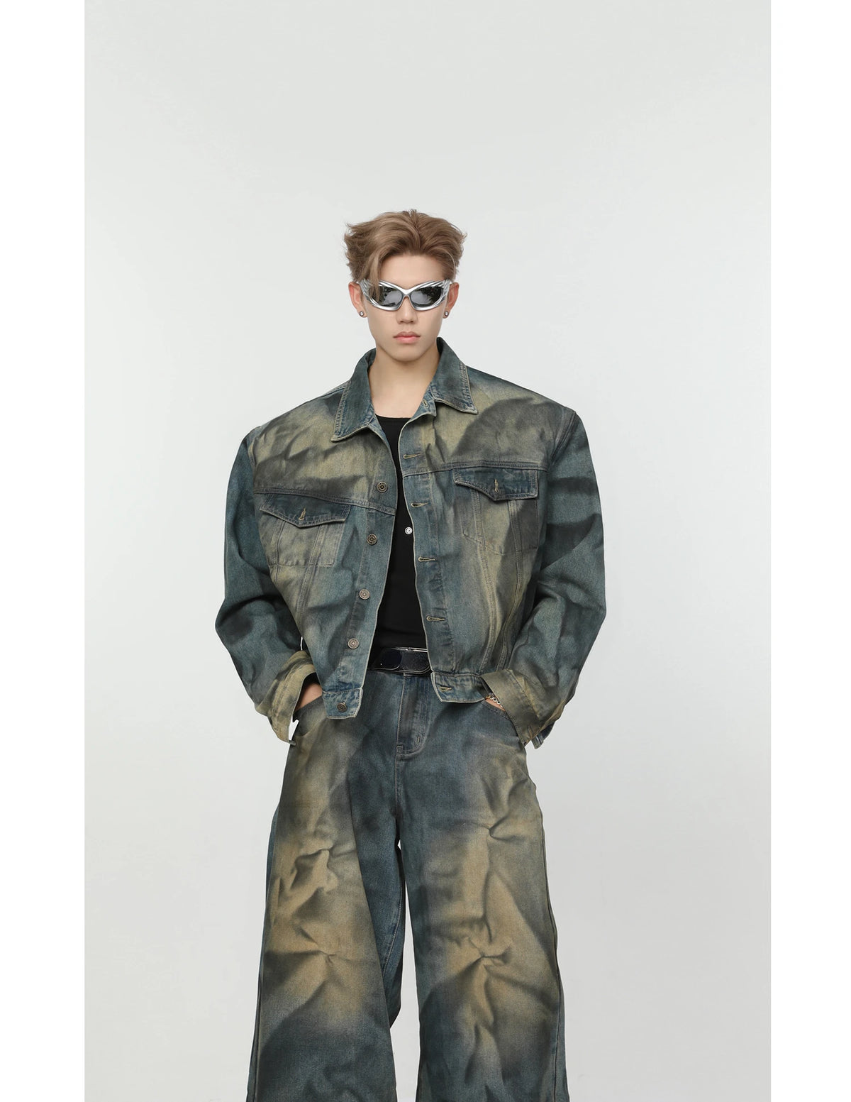 2 pieces sets mens fashion dirty graffiti wide shouder denim jeans jacket coat and wide legs pants joggers new streetwear sets unique joggers style 3567