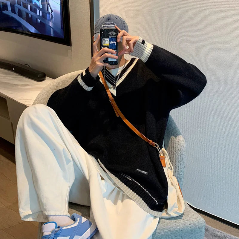 Pullovers Men Sweater Patchwork Ins Fashion Winter Design Couple V-neck Harajuku Knitwear Loose Students Simple Ropa Para Hombre Street King Limited