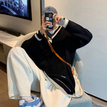 Pullovers Men Sweater Patchwork Ins Fashion Winter Design Couple V-neck Harajuku Knitwear Loose Students Simple Ropa Para Hombre Street King Limited