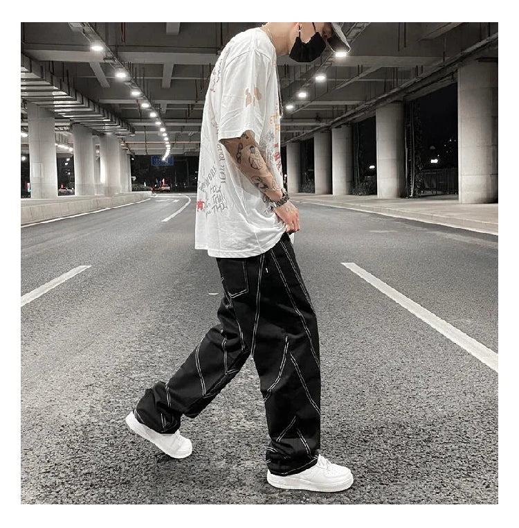 fashion design lines denim jeans mens zipper loose straight trousers hip hop new casual streetwear pants joggers baggy jeans unique joggers style 424
