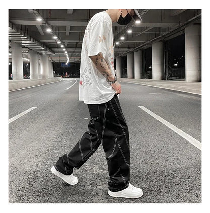 fashion design lines denim jeans mens zipper loose straight trousers hip hop new casual streetwear pants joggers baggy jeans unique joggers style 424