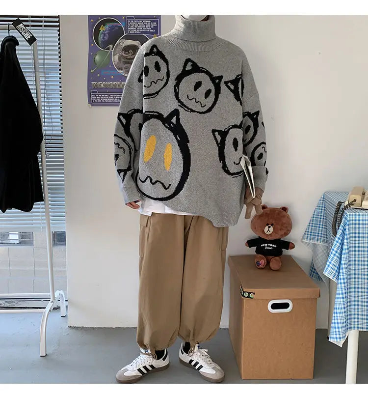 Korean literature art turtleneck sweater men autumn winter lazy style knitted sweater cartoon devil print wool clothes pullovers Street King Limited